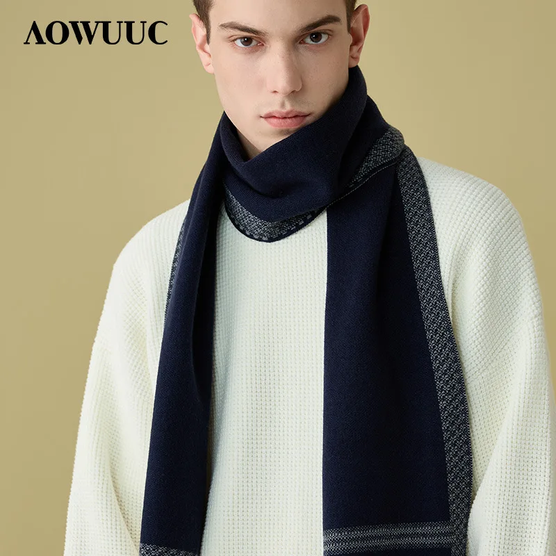 New Wool Scarf Men\'s Autumn and Winter Thickened Warm Versatile Striped Plaid Wraps Boyfriend Fashion Classic Knit Muffler Male