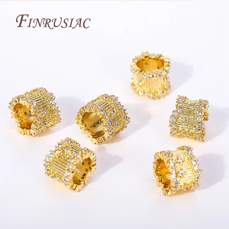 11X8MM 18K Gold Plated Barrel Shape Spacer Beads,Brass Metal Big Hole Cubic Zirconia Tube Beads,Loose Beads Separators Wholesale