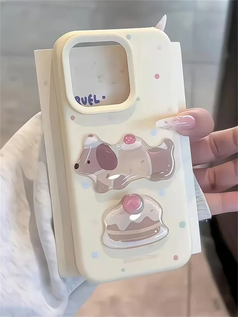 Cartoon Suitable for Cake Puppy Silicone Phone Case for iPhone 17 16 15 13 12 11 14 Pro Max Plus Cute Smart Puppy Rotate Cover