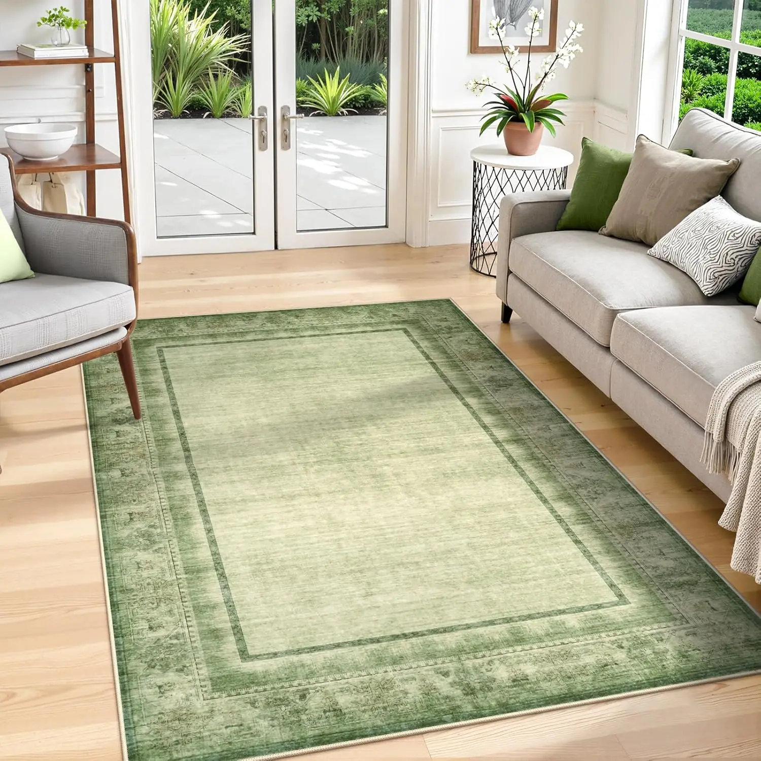 Green Area Rugs for Living Room, Vintage Bordered Bedroom Rug, Modern Farmhouse Bordered Print Rugs for Dining Room,
