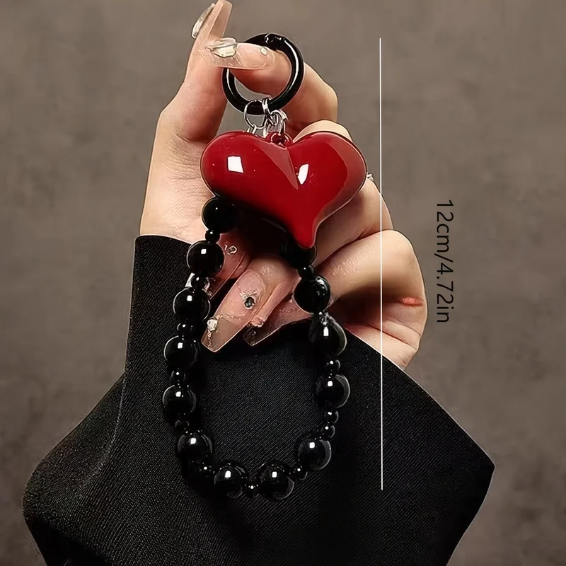 1Pieces Red large heart black beaded phone strap，Handmade，Can be used as a mobile phone、Key and other hanging accessories，Can al view 2