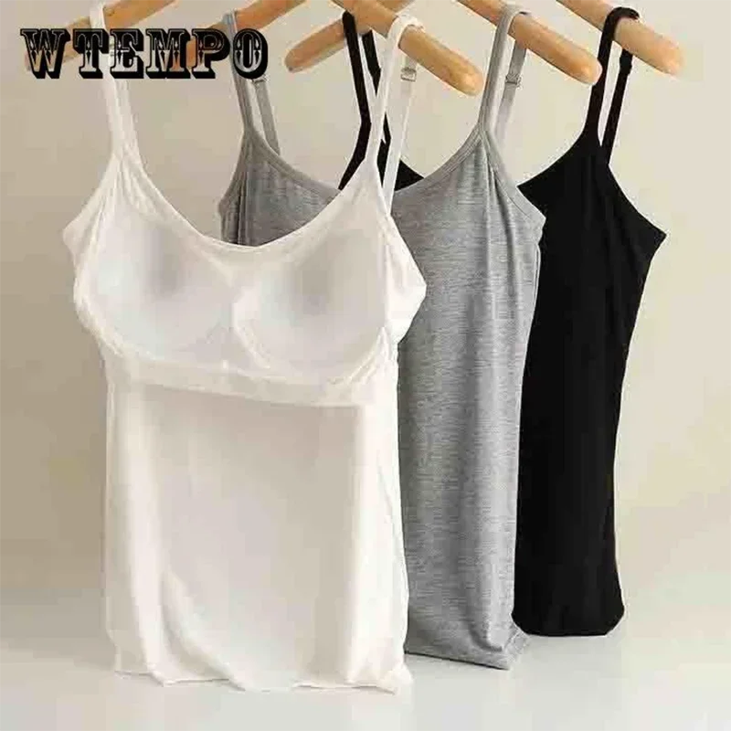 WTEMPO Women New Sexy Soft Camis with Built in Bra Adjustable Shoulder Strap Stretchy Backless Vest White Black Casual Tank Tops