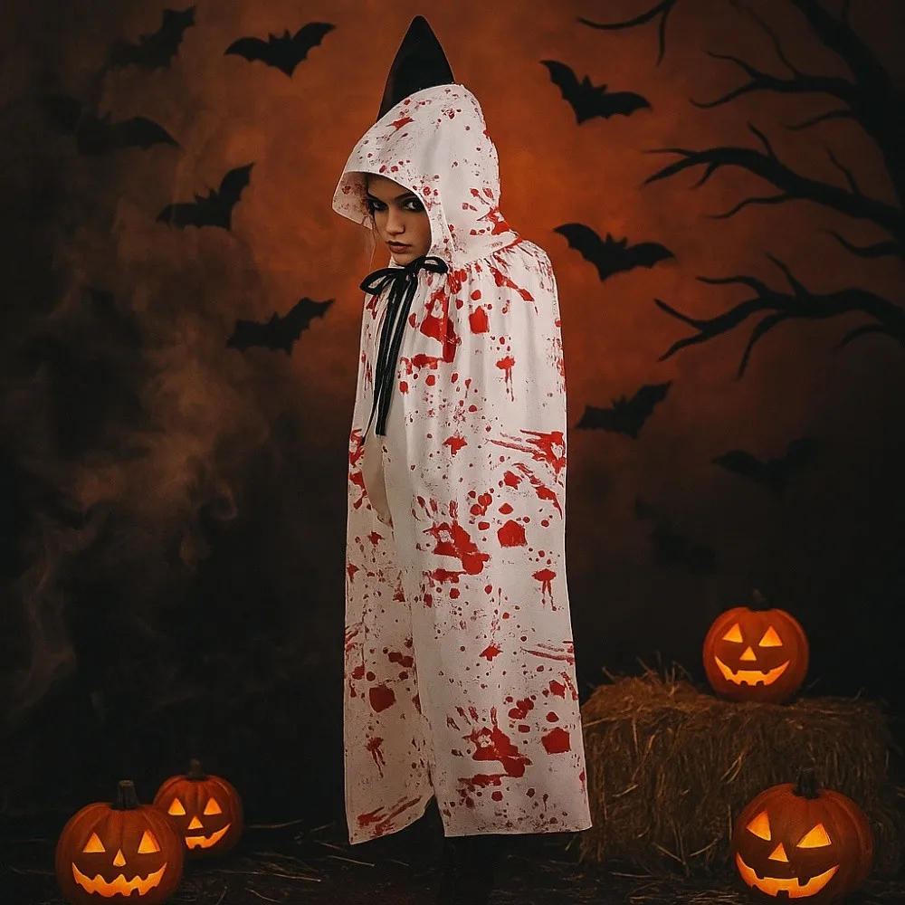 

Bloodstain Halloween Costume Cosplay Props Funny Plaid Halloween Death Cloak with Cap Dark Party Spider Web Cape