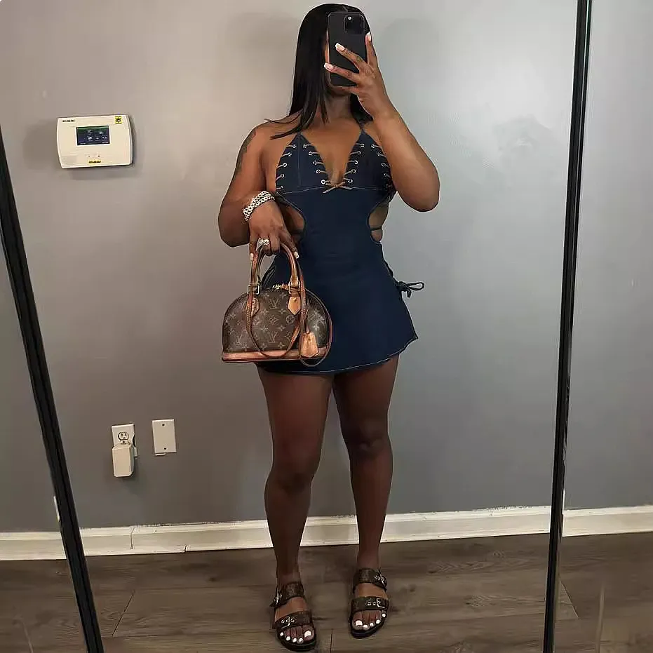Sexy Cowgirl Dress Backless Slit Mini Denim Dress Suspender Jumpsuit Playsuit Matching Set