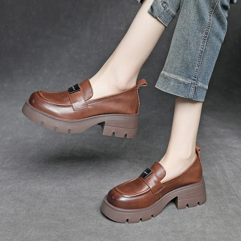 Women's New Real Cowhide Loafers Muffin Thick Sole Heightening Small Leather Shoes Metal Buckle Single Slip-on Heels