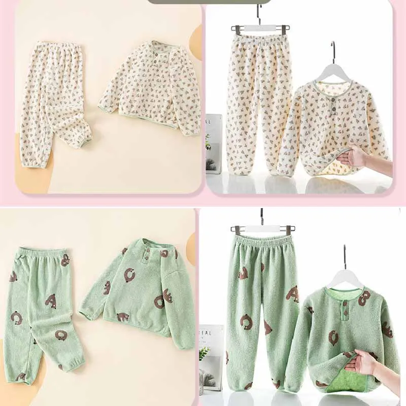 2026 Children's Fleece Clothing Sets Boys Girls Floral Print Home Suits Long Sleeve Pajamas Velvet Outfits Kids Thermal Pajamas 5
