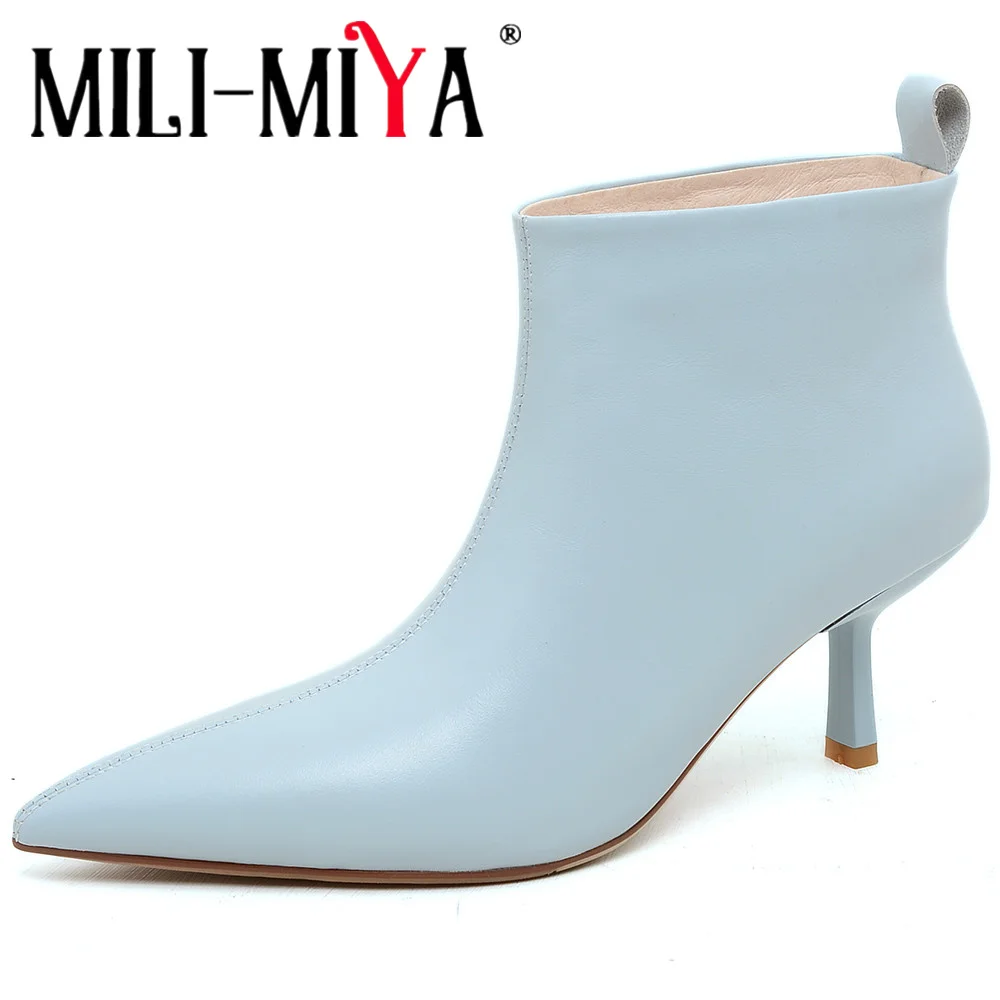 MILI-MIYA Concise Solid Color Women Cow Leather Ankle Boots Middle Splicing Thin Heels Pointed Toe Dress Party Shoes Handmade