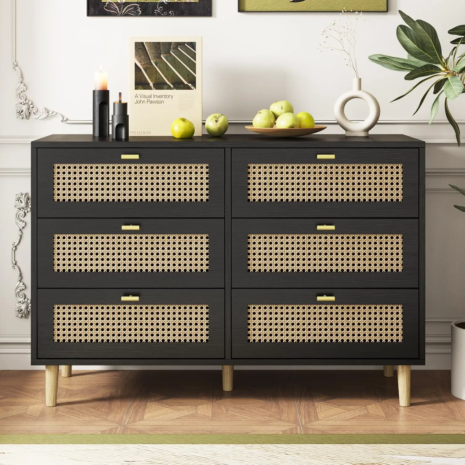 Black Rattan Dresser, 6 Drawer Mid  Modern Dressers For Bedroom, Black Boho Dresser Natural Wood Dresser On Clearance