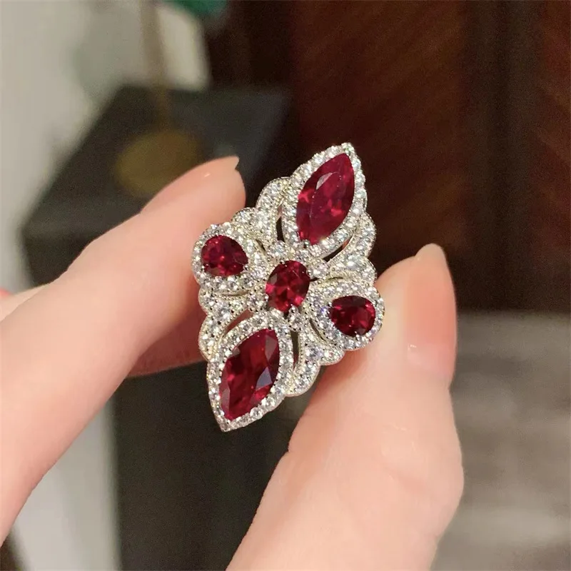 

Art Deco Vintage Luxury 925 Silver Pegion Blood Ruby Finger Band Cocktail Ring Wedding Bridal Engagement Couple Band High Jewel