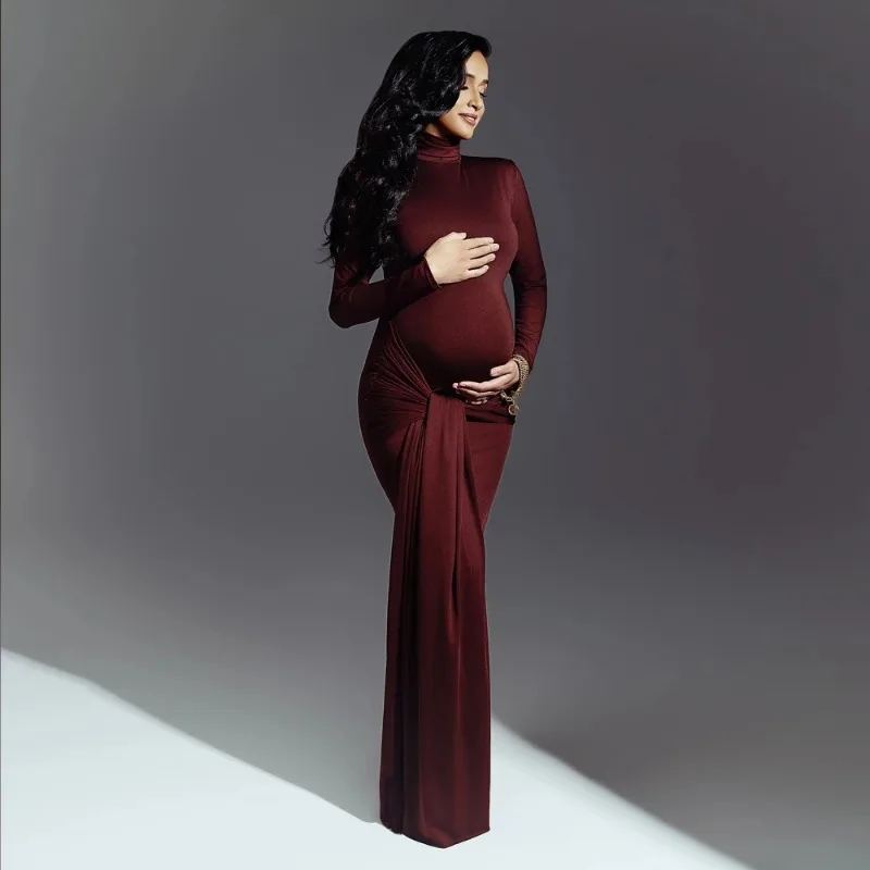 فساتين الأمومة للتصوير الفوتوغرافي برقبة عالية وأكمام طويلة وحزام مرقع عصري عالي المرونة بقصة ضيقة للنساء الحوامل #1