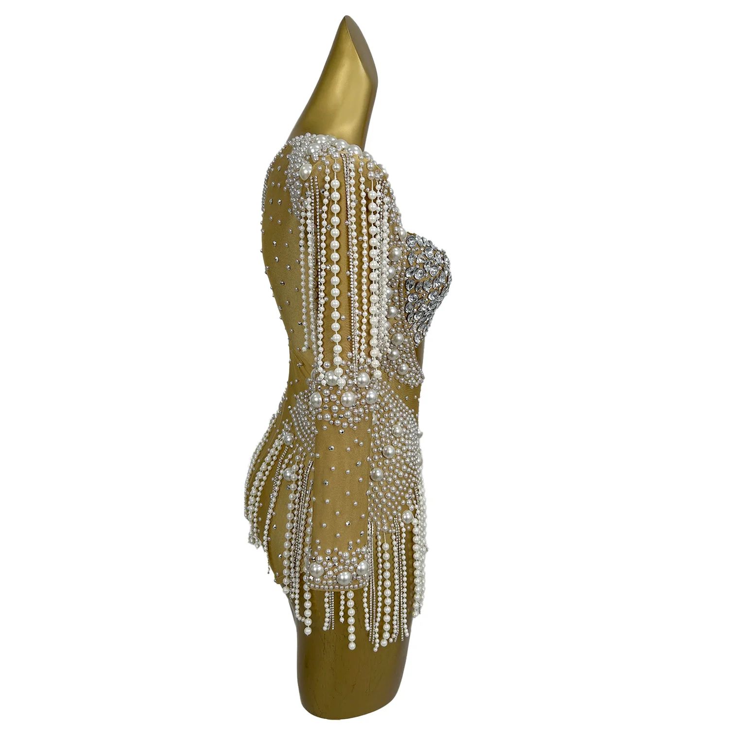 High-end Rhinestones Pearls Tassel Long Sleeve Bodysuit Women Sexy Performance Dance Costume Singer Dancer Stage Wear Cangxuan