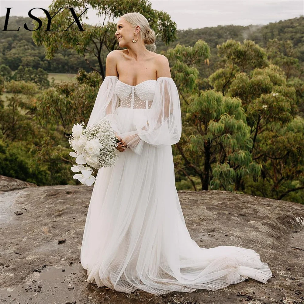 

LSYX Boho Sweetheart Off-Shoulder Long Puff Sleeves Tulle Wedding Dress Illusion Back Court Train Bridal Gown Custom Made