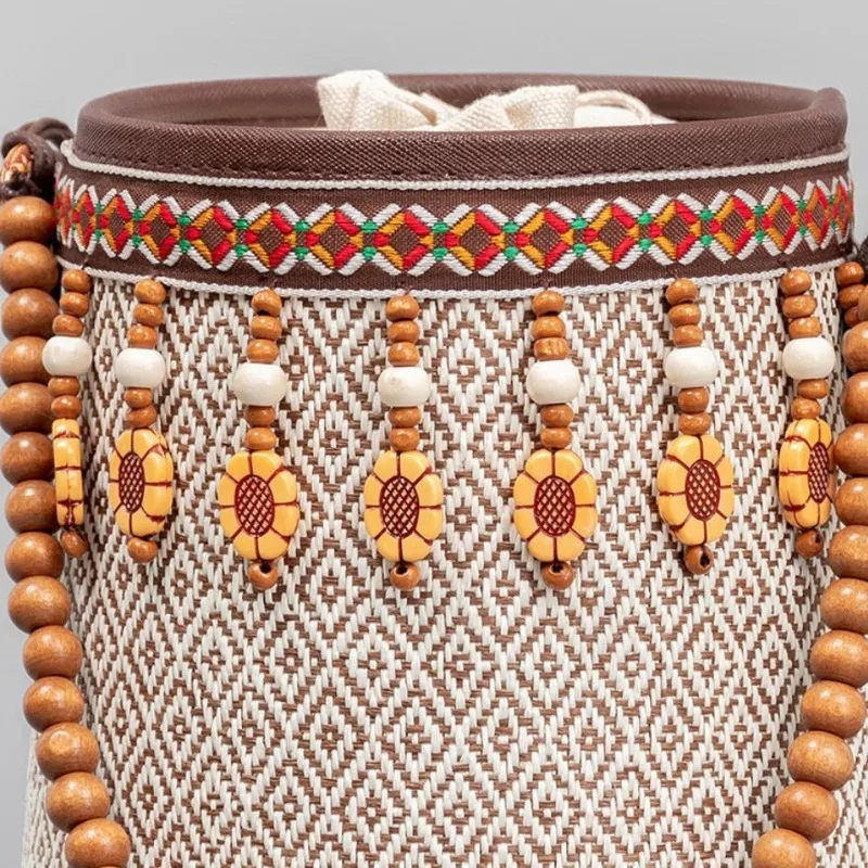 Women Woven Basket Handbag Ethnic-style Argyle Pattern Beach Bag with Wooden Beads Straps Cute Small Bags Bolsos Mujer 2026