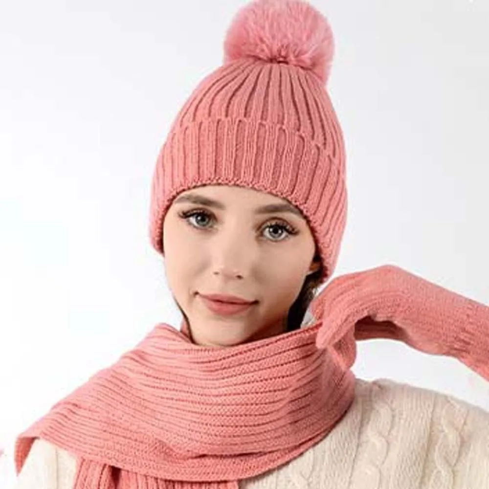 Fashion Elastic Scarf and Hat Set Touch Screen Soft Woolen Hat Thickened Plush Ball Pullover Cap Women
