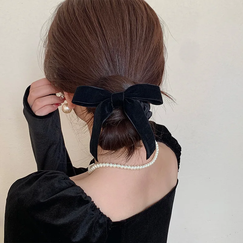 Autumn and Winter Korean Woman Elegant Black Velvet Bow Elastics Hair Band Scrunchies Hair Ties Ponytail Hold Hair Accessories