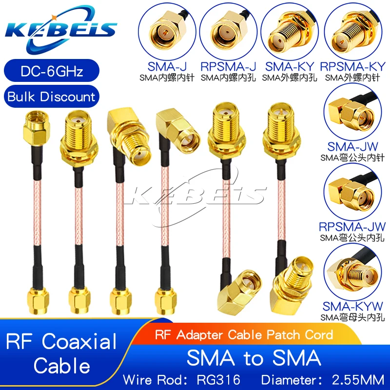 

RG316 Cable SMA To SMA Male Plug & Female Jack Nut Bulkhead RPSMA Male Female Connector Extension WIRE RF Coaxial Jumper Pigtail