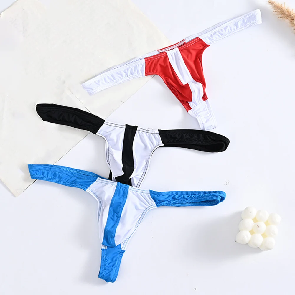

Comfortable Men's Ice Silk Splicing Thong Underwear Low Rise Breathable T back G String with Bulge Pouch Design