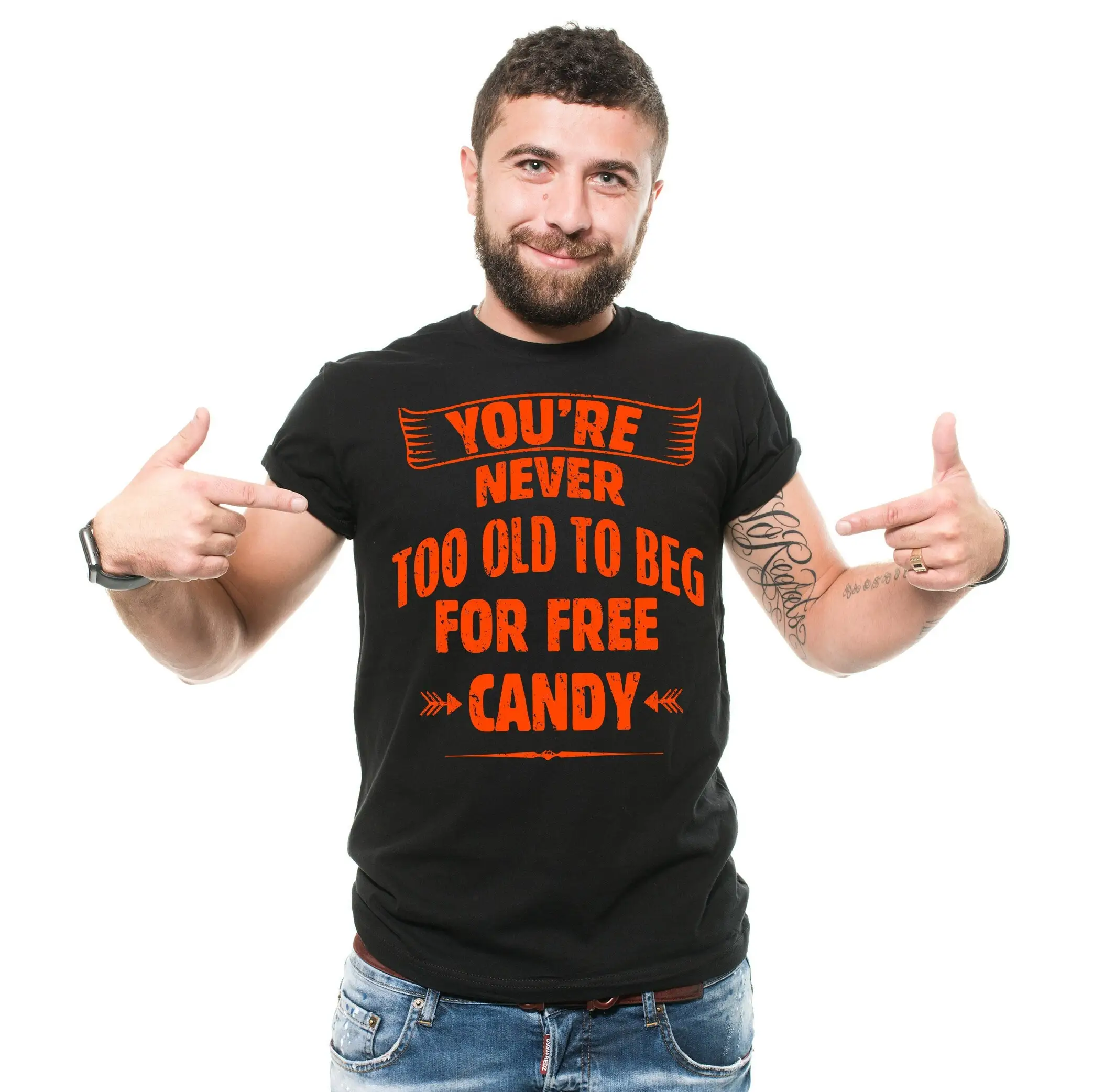 Funny Halloween T Shirt Humorous S You Re Never Too Old To Beg For Free Candy Saying Him Her