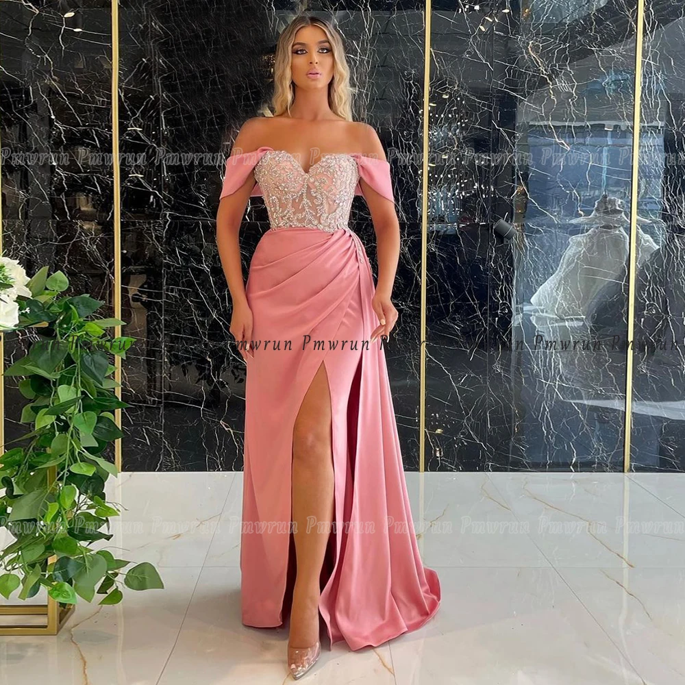 

Elegant Pink Satin Evening Gown For Bride Off Shoulder Detachable Train Applique Custom Size Slit Mermaid Prom Dress 2023 Party