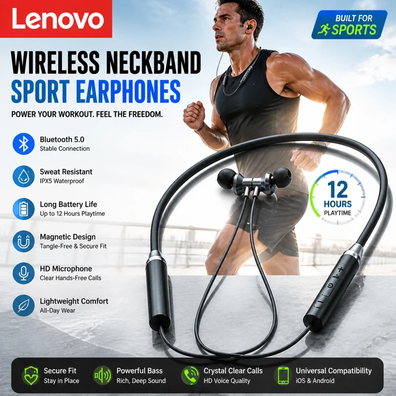 NUEVOS Auriculares Bluetooth 5.0 Lenovo HE05X de Cuello, Baja Latencia, Sonido Estéreo 8D, Auriculares Bluetooth Deportivos para Juegos, Resistentes al Agua, Larga Duración, Modernos
