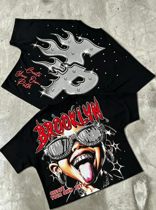 2026 Men Brooklyn Hip Hop Cartoon Portrait Graphic T Shirt Create Your Own Path Front Back Print Streetwear Crewneck Tee