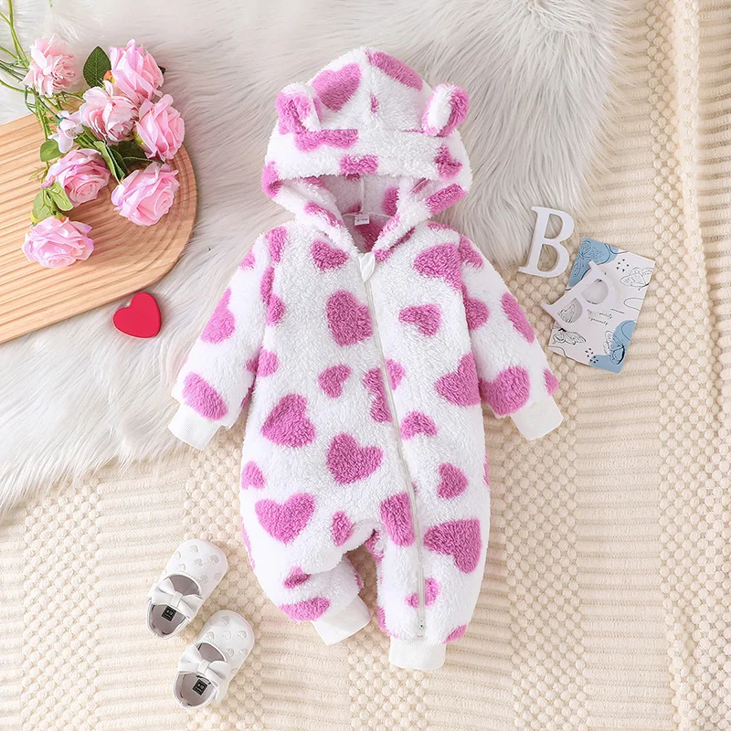 Pudcoco Infant Baby Winter Fuzzy Jumpsuit Heart Print Snowsuit Long Sleeve Hooded Zipper Romper 0-18M