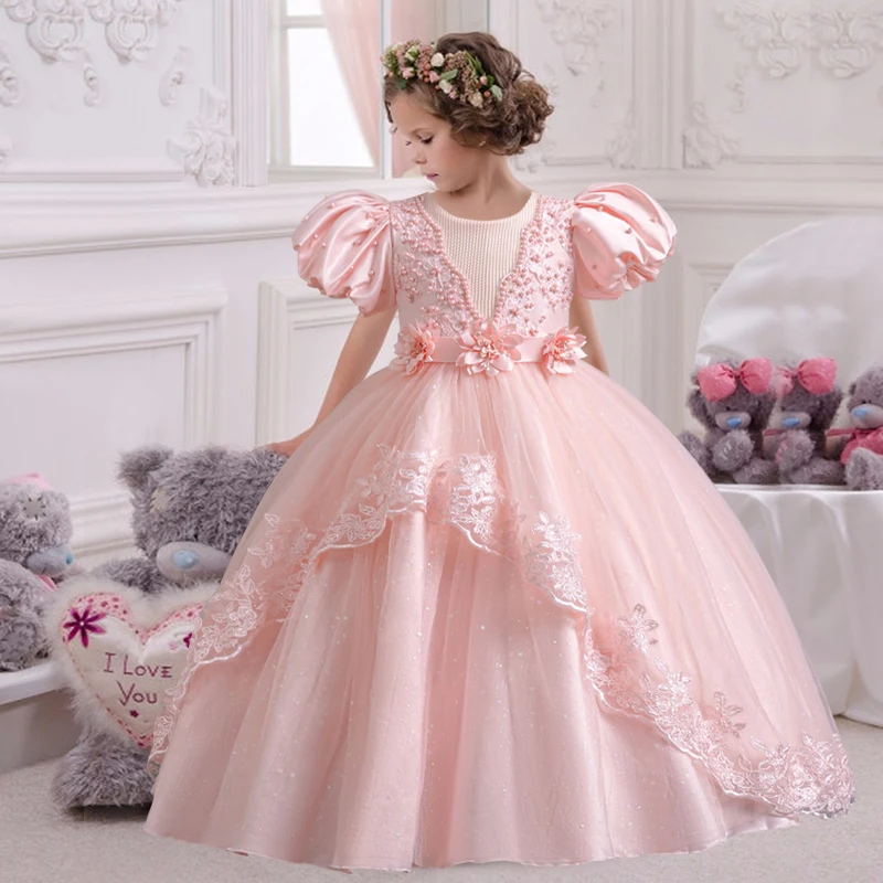 Girl\'s Pearl Bubble Sleeves Princess Dress 4-12 Years Old Fashionable Flower Lace Satin Dress Birthday Wedding Flower Girl Dress