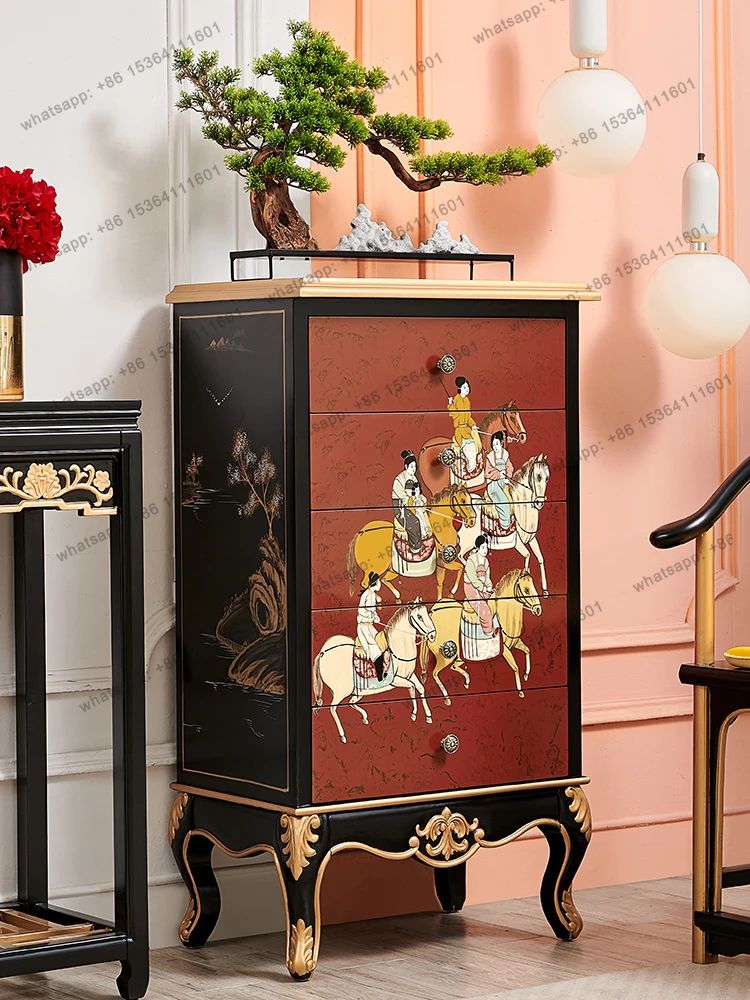 12Retro Style Red Solid Wood Five-Bucket Storage Drawer Cabinet Living Room Sofa Corner High Cabinet