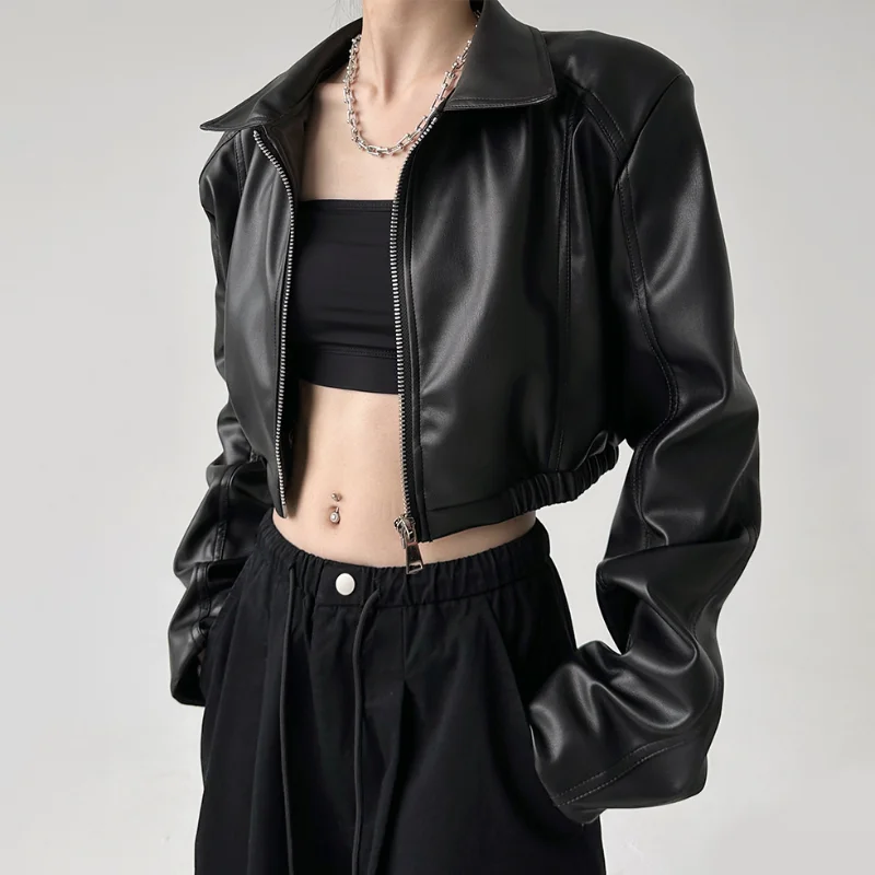 

Punk Black Cropped PU Leather Jacket Women Winter Streetwear Zipper Biker Leather Jacket High Street Casual Faux Leather Jacket