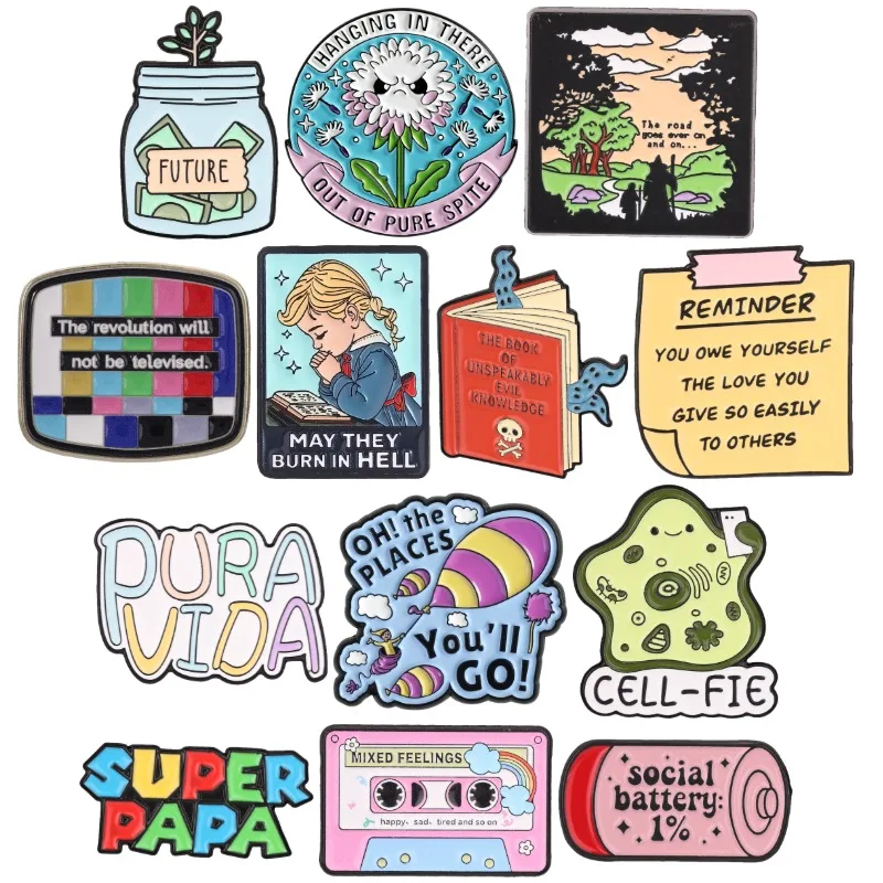 Pin de esmalte de vibración positiva, diseño 'Low Social Battery Cell-fie' y 'Cute Rainbow', broches, insignias para mochila, camisa y solapa, regalos de joyería PURA VIDA
