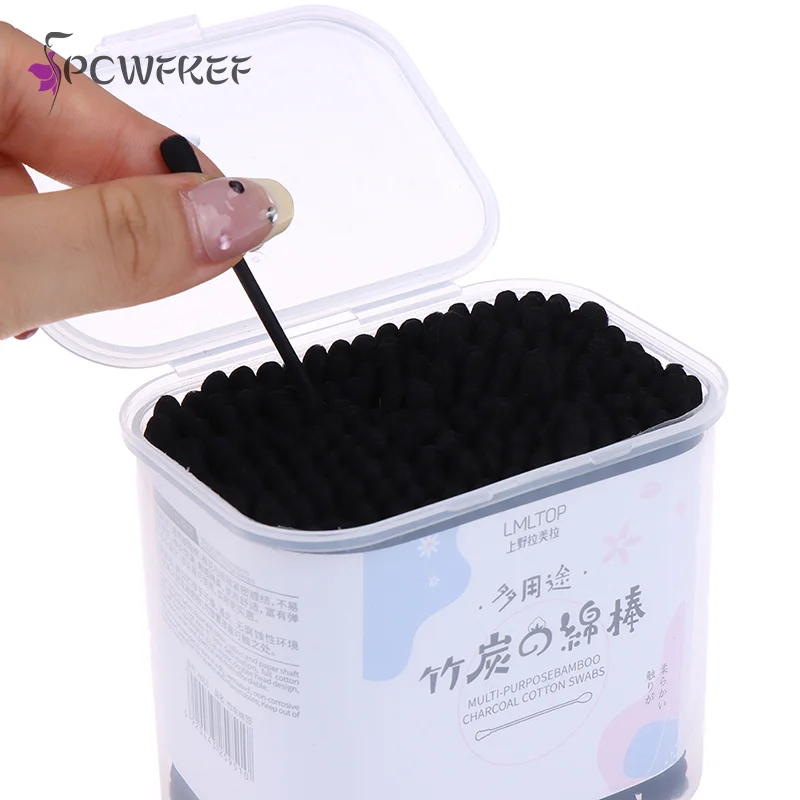 

200pcs Disposable Cotton Swab Spiral Ear Cleaner Black Double Heads Medical Swab Lipstick Eyebrow Eyelash Cotton Bud Makeup Tool