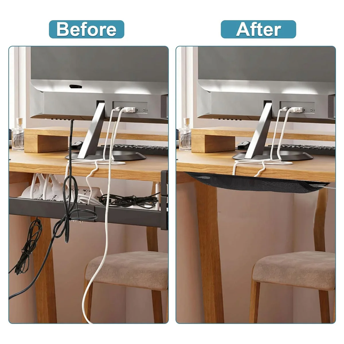 Under Desk Cable Management Net, Under Table Cord Management Mesh Organizer Flexible Wire Hiders 70x30cm