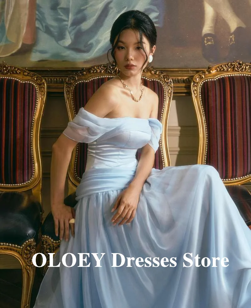OLOEY 2026 Simple Light Blue Evening Party Dresses Strapless Off Shoulder Satin Silk Organza Prom Gowns Customized Vestidos