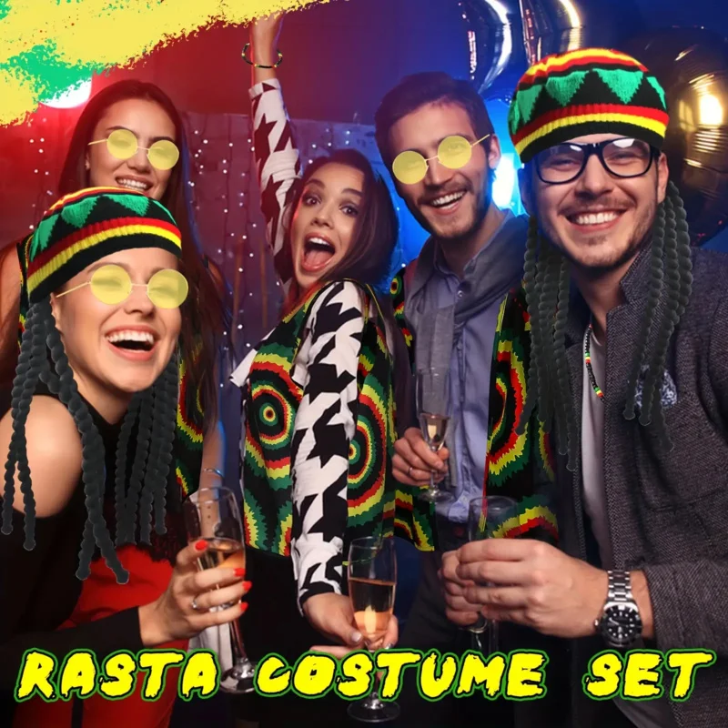 5 pezzi Reggae Costume Gilet Occhiali gialli Dreadlocks intrecciati Parrucca Cappello per donna Uomo Festa in maschera Cosplay Carnevale di Halloween
