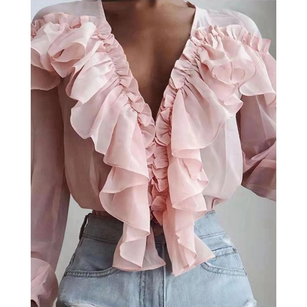 Elegant Women Contrast Ruffles Deep V Neck Long Sleeve Casual Blouse Top Spring Blouse Top Fashion Outwear Fall Clothing