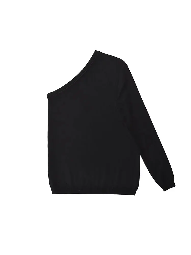 TRAF 2024 Autumn and Winter Sweater Women's New Style Sexy Single shoulder sleeve Knit Shirt Solid Color Loose Knit Top