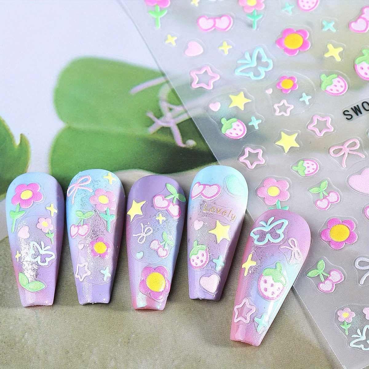 2/5 Sheet Sweet Element Nail Art Stickers Flower Heart Cherry Strawberry Star Cute Decals Design Spring Manicure for Women