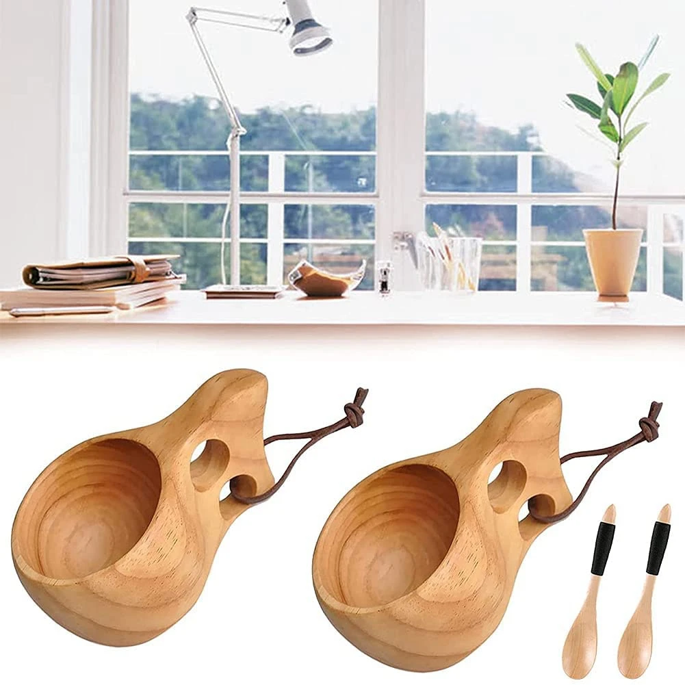 2Pack Nordic Style Wooden Cup Kuksa Cup Portable Outdoor Camping Drinking Mug Wooden Coffee Cup with Wooden Spoon
