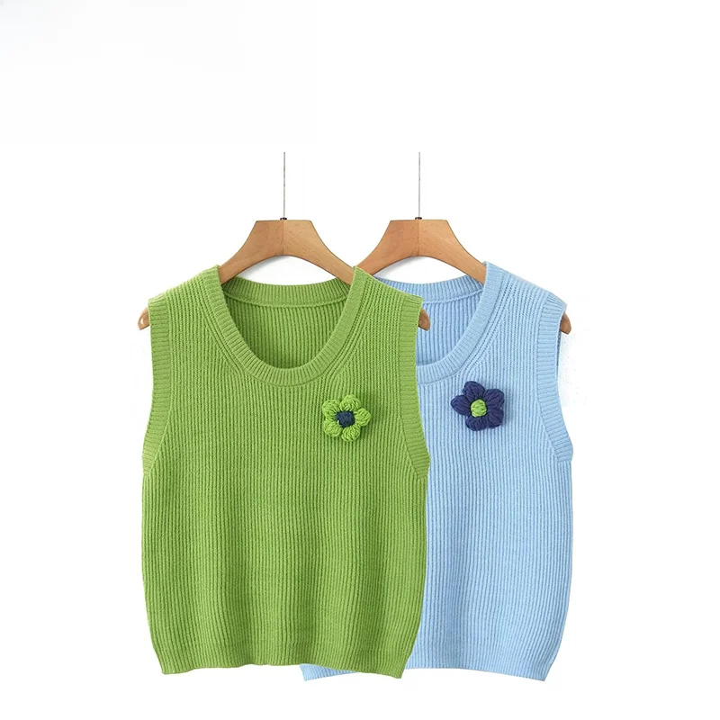 

ZBZA Autumn New Faionable Casual Sle Women's Vest with Cysanthemum Decoration Versatile Polyester Fiber U-Neline
