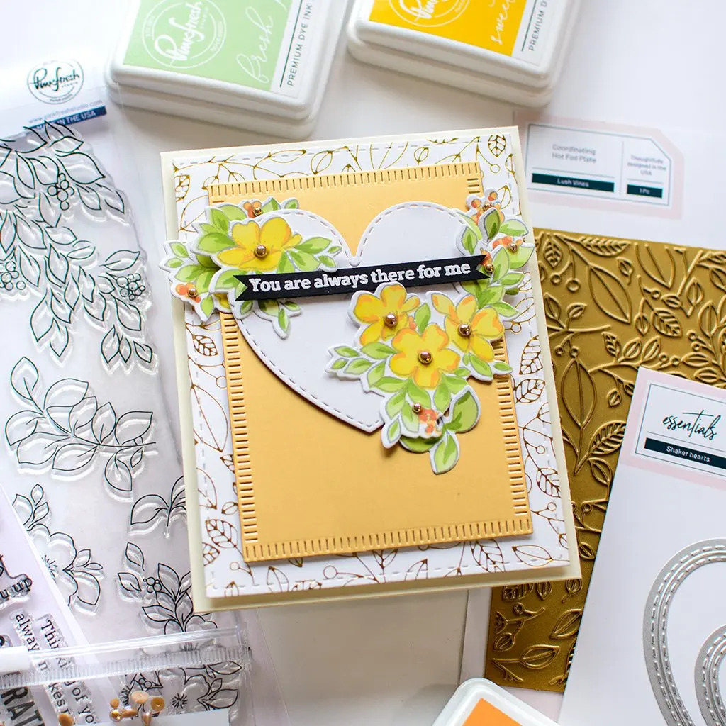 Essentials Stamps and Metal Dies Stitch Slimline Mini Rectangles Grid Lush Vines Hot Foil Built Meadow Bloom Layering Stencils