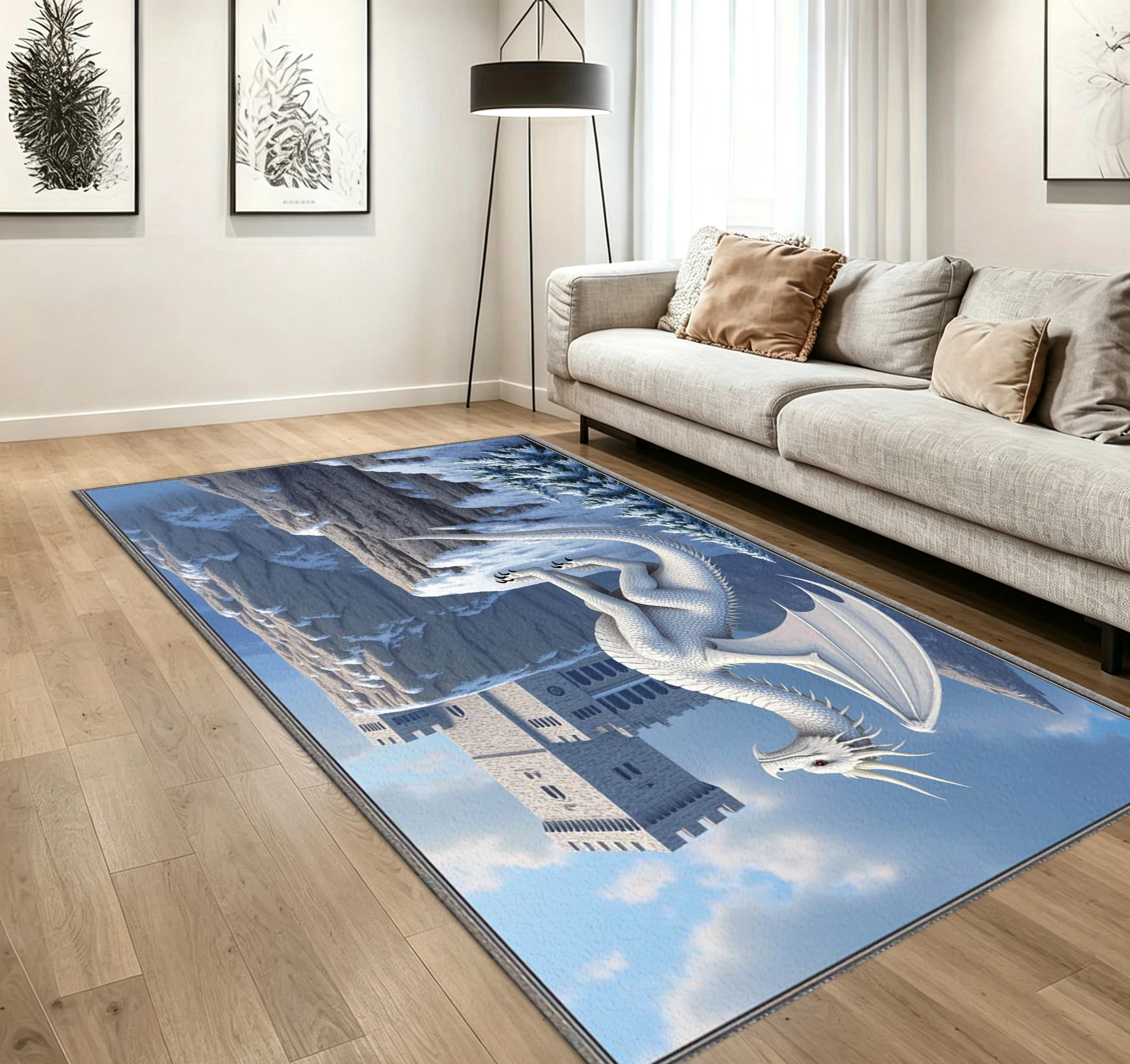 Fantasy White Dragon Castle Carpet Flooring Snow Mountain Medieval Fortress Myth Creature Art Printed Area Rug for Household Living Room Decoration