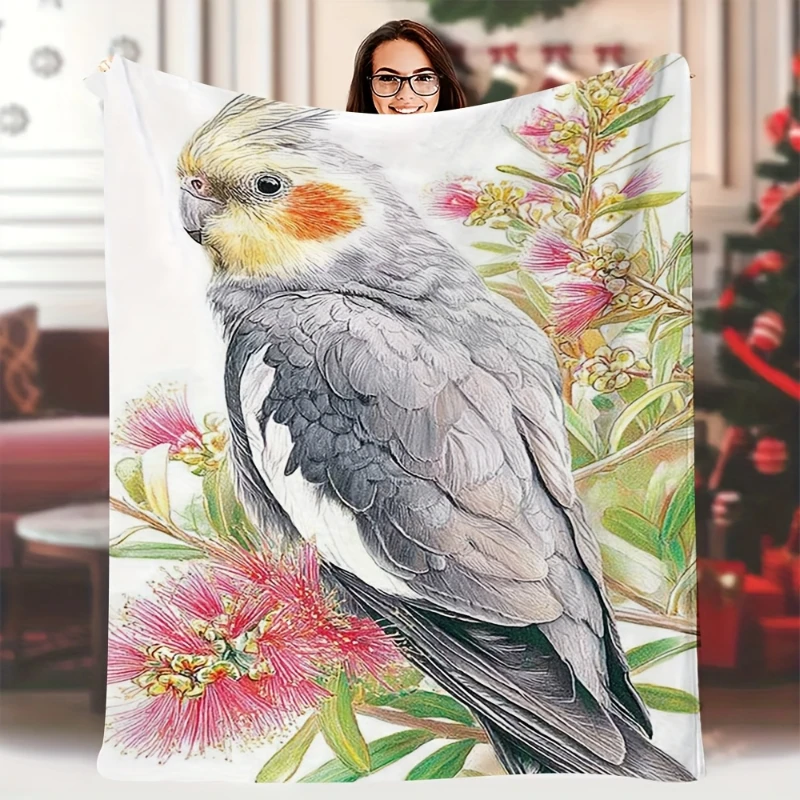 Three Budgie Parrot Oil Painting Throw Blanket,Soft Bed,Lounge Cover,Chill Night Cover,Birthday Anniversary Home Souvenir