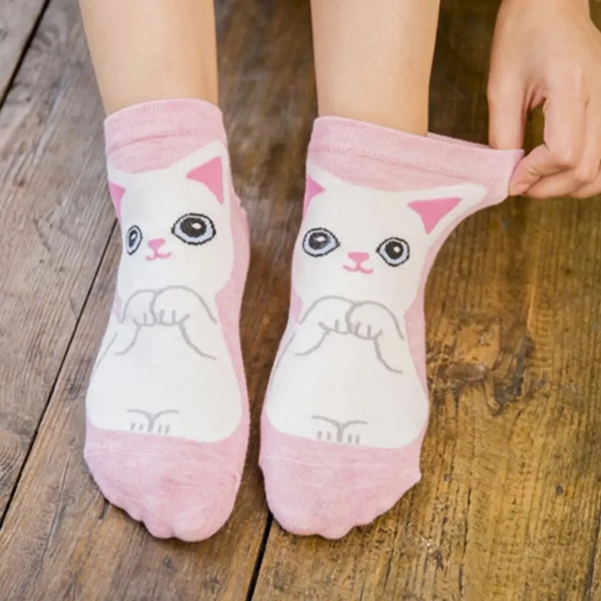 Calcetines tobilleros transpirables con dibujos de gato para mujer, medias transpirables perfectas para el día a día, 5 pares/set