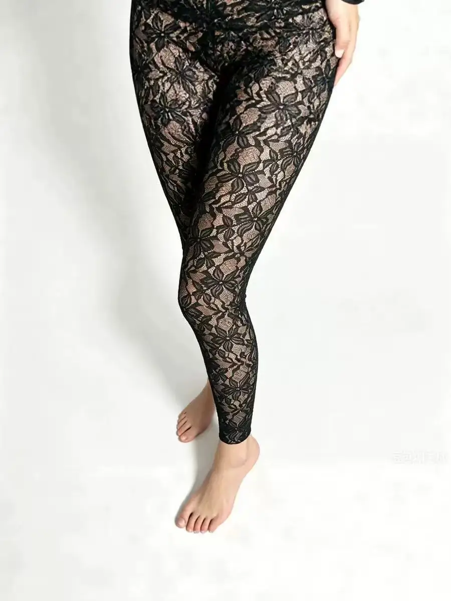 Women Floral Lace Leggings Plus Size High Stretch See Through Mesh Pants, Vintage Hollow Out Flower Lace Trousers, Summer Beach