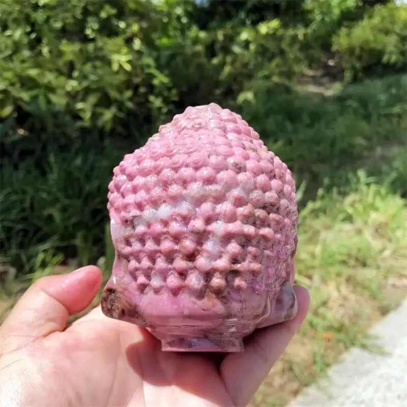 Natural Rhodonite Buddha Head Carving Reiki Faith Handicraft Ornaments Healing Home Decoration Gift 1PCS