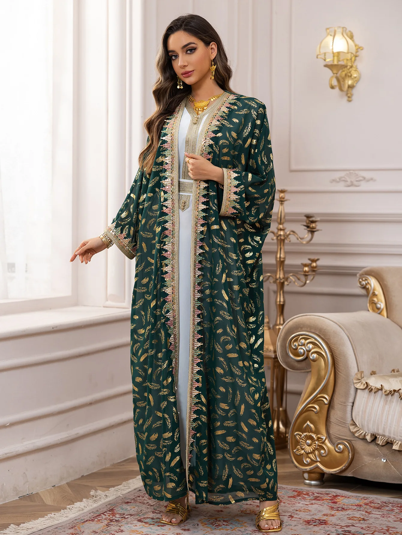 Robe Maxi Deux Pièces avec Ceinture pour Femme Musulmane, Abayas de Luxe pour Ramadan, Dubaï, Estampage Or, Kaftan, Kimono Eid Jalabiya