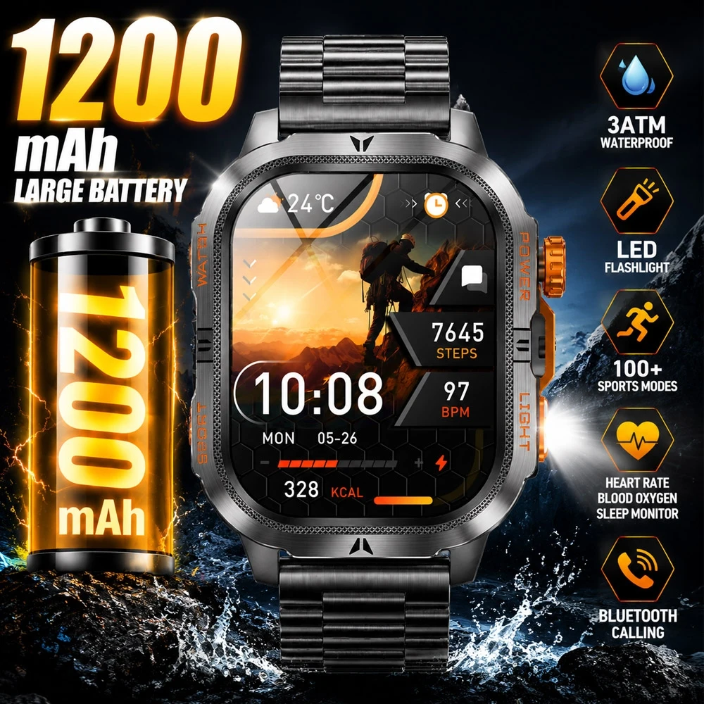 2026New 1200mAh Battery Smart Watch Men T-Rex 3 Ultra 100+Sports Mode Flashlight 3ATM Waterproof  Bluetooth Call Smartwatch Men