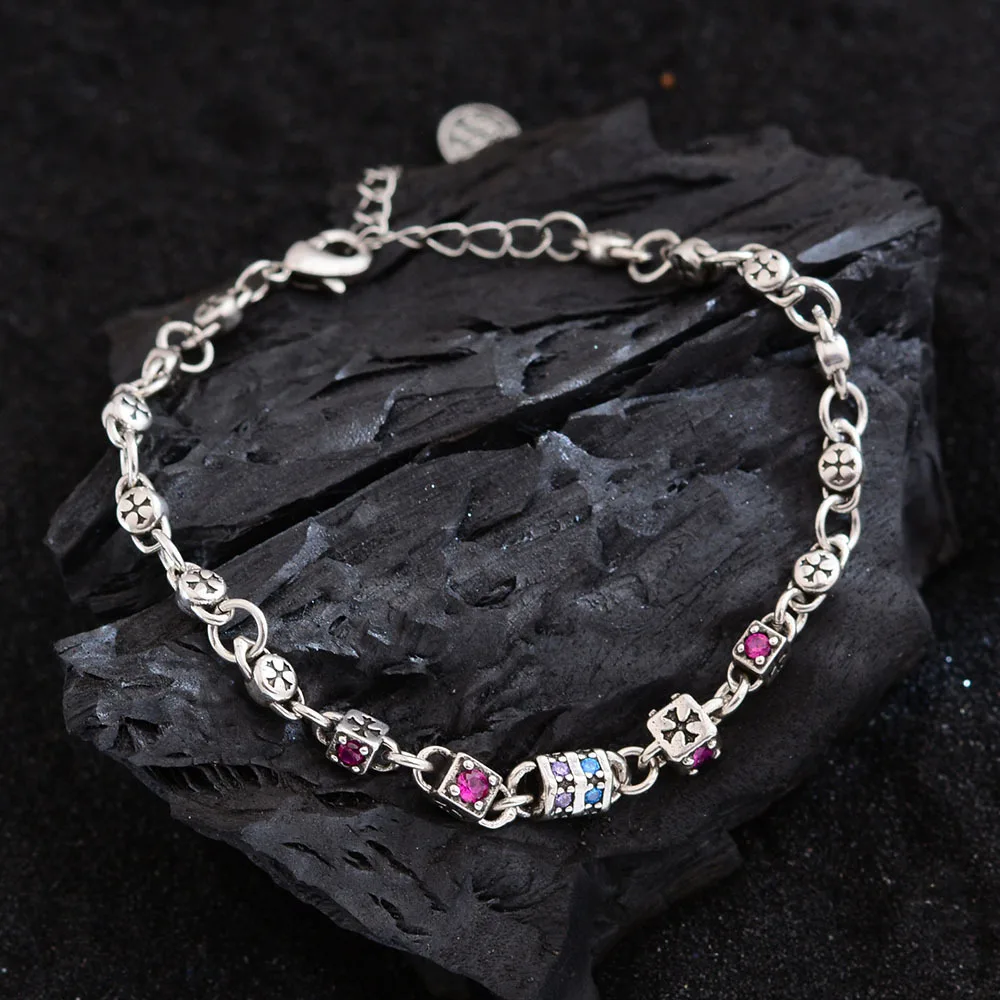 New Arrival Vintage Cross Design Colorful Crystal Thai Silver Ladies Charm Bracelet Promotion Jewelry For Women Gifts