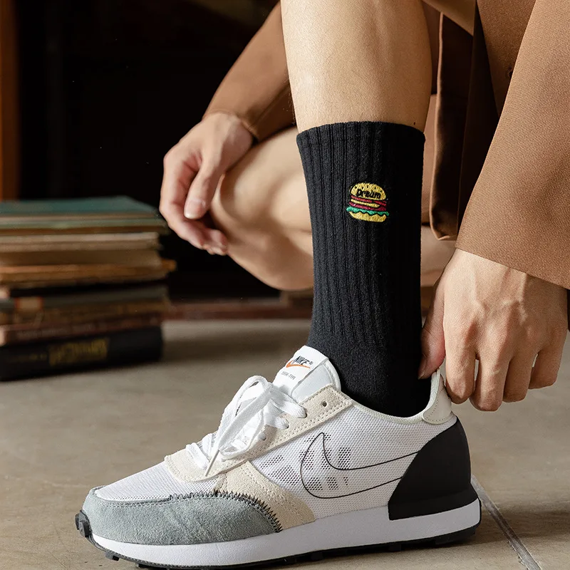 Men's Socks Autumn Winter 4 Pairs Fashion Embroidery Hamburger Items for Men Funny Gifts White Middle Tube Socks