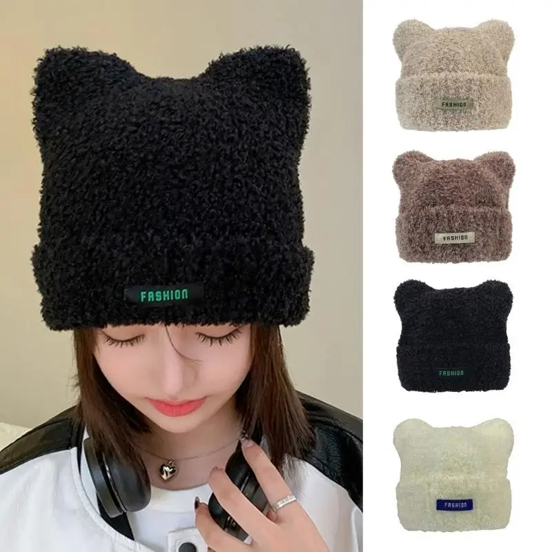 

652F Plush Slouch Bear Ear Beanie Hat for Adult Teens Cycling Skiing Knit Hat